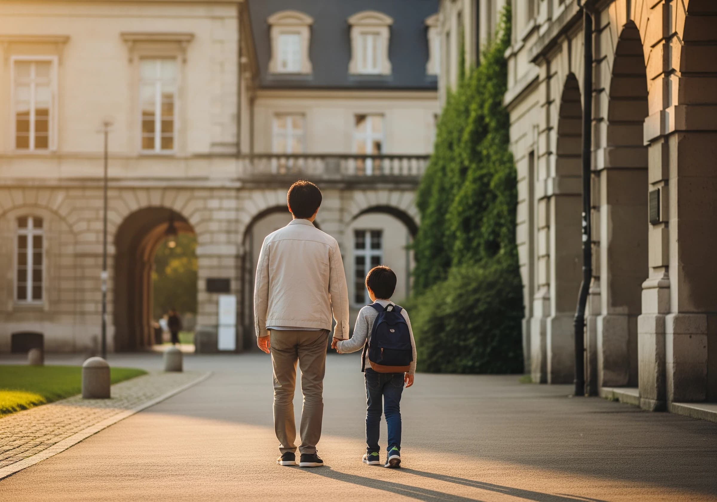 海外の学校へ向かう親子の様子